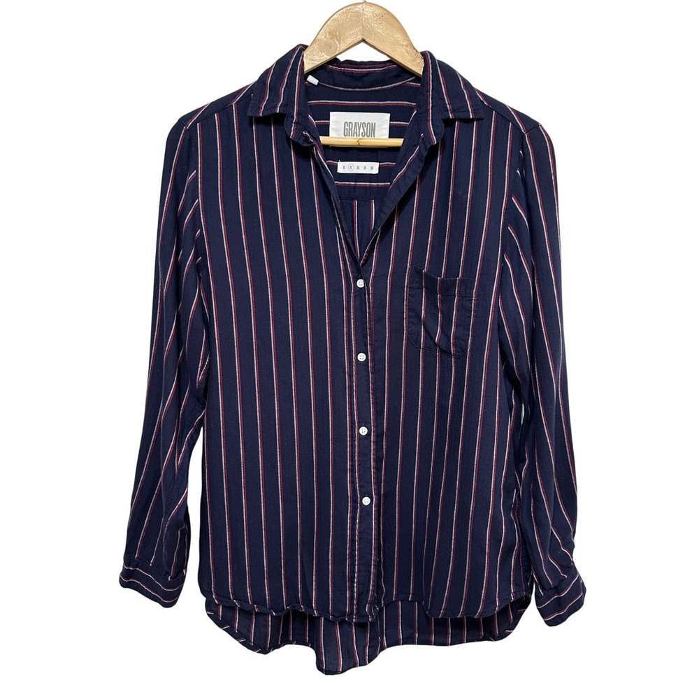 Grayson Frank & Eileen The Hero Button Down Shirt Small Navy Stripe Lyocell